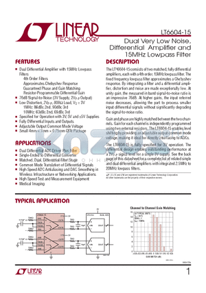 LT6604-15 datasheet - Dual Very Low Noise, Differential Amplifi er and 15MHz Lowpass Filter