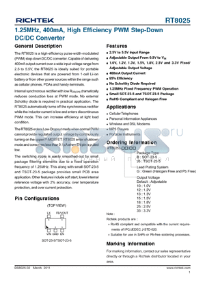 JMK212BJ106RD datasheet - 1.25MHz, 400mA, High Efficiency PWM Step-Down DC/DC Converter