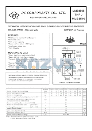 MMB3505 datasheet - TECHNICAL SPECIFICATIONS OF SINGLE-PHASE SILICON BRIDGE RECTIFIER VOLTAGE RANGE - 50 to 1000 Volts