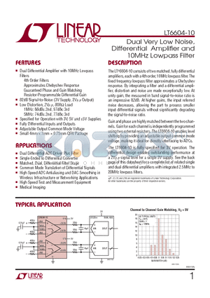 LT6604IUFF-10-PBF datasheet - Dual Very Low Noise, Differential Amplifi er and 10MHz Lowpass Filter