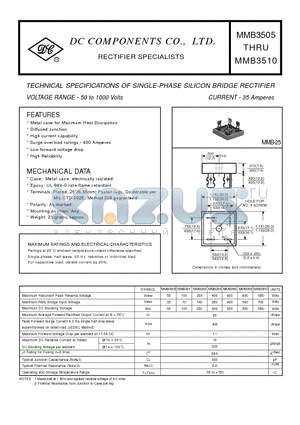MMB3510 datasheet - TECHNICAL SPECIFICATIONS OF SINGLE-PHASE SILICON BRIDGE RECTIFIER VOLTAGE RANGE - 50 to 1000 Volts