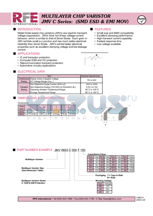 JMV0402C050T180 datasheet - MULTILAYER CHIP VARISTOR JMV C Series: (SMD ESD & EMI MOV)