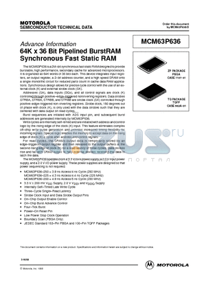 MCM63P636 datasheet - 64K x 36 Bit Pipelined BurstRAM Synchronous Fast Static RAM