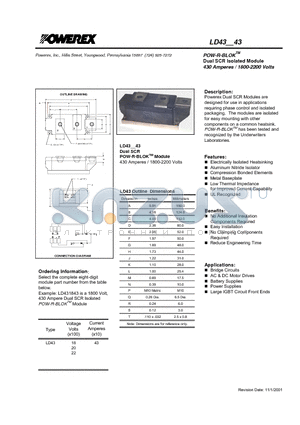LD4343 datasheet - POW-R-BLOK Dual SCR Isolated Module (430 Amperes / 1800-2200 Volts)