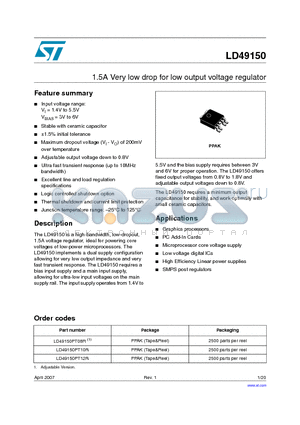 LD49150PT10R datasheet - 1.5A Very low drop for low output voltage regulator