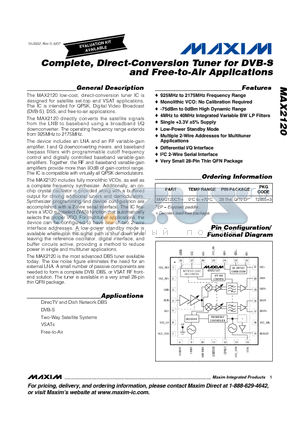 MAX2120CTI+ datasheet - Complete, Direct-Conversion Tuner for DVB-S and Free-to-Air Applications