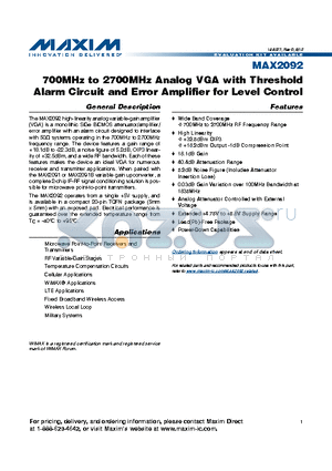 MAX2092 datasheet - 700MHz to 2700MHz Analog VGA with Threshold Alarm Circuit and Error Amplifier for Level Control
