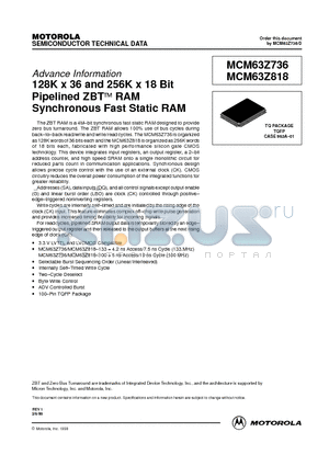 MCM63Z736TQ100 datasheet - 128K x 36 and 256K x 18 Bit Pipelined ZBT RAM Synchronous Fast Static RAM