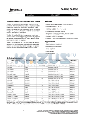 EL5308 datasheet - 450MHz Fixed Gain Amplifiers with Enable