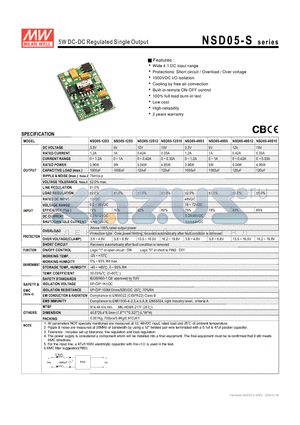 NSD05-12S12 datasheet - 5W DC-DC Regulated Single Output