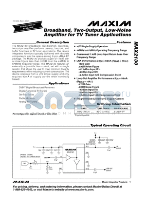 MAX213 datasheet - Broadband, Two-Output, Low-Noise Amplifier for TV Tuner Applications