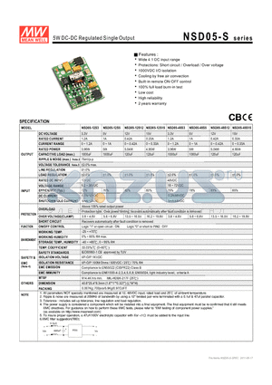 NSD05-48S15 datasheet - 5W DC-DC Regulated Single Output