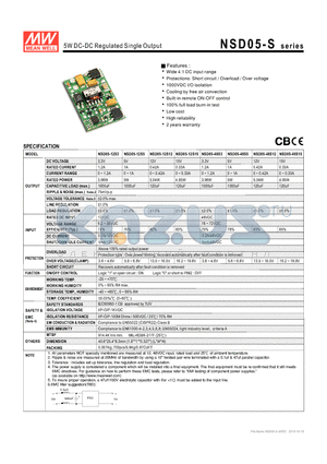 NSD05-48S3 datasheet - 5W DC-DC Regulated Single Output