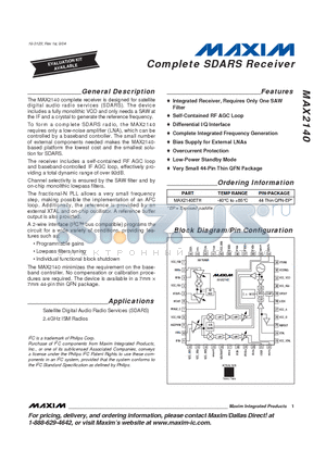 MAX2140 datasheet - Complete SDARS Receiver