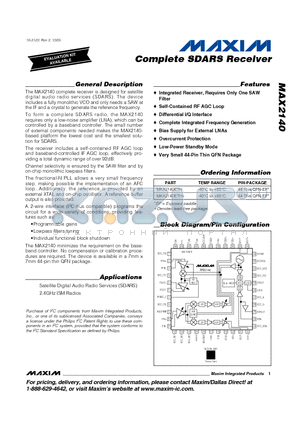 MAX2140ETH datasheet - Complete SDARS Receiver