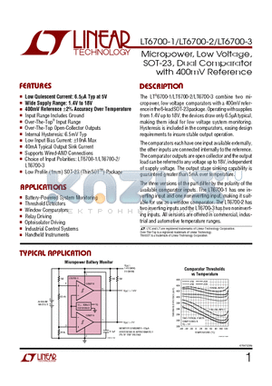 LT6700-1 datasheet - Micropower, Low Voltage, SOT-23, Dual Comparator with 400mV Reference