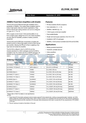 EL5306IUZ-T13 datasheet - 350MHz Fixed Gain Amplifiers with Enable