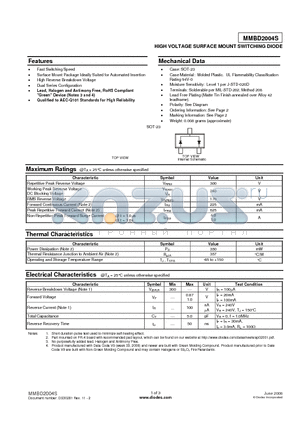 MMBD2004S-7-F datasheet - HIGH VOLTAGE SURFACE MOUNT SWITCHING DIODE