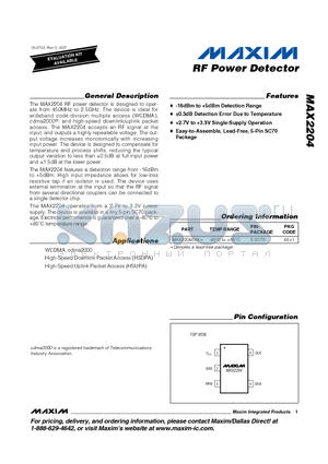 MAX2204EXK datasheet - RF Power Detector