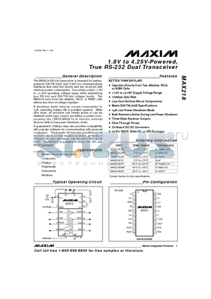 MAX218CAP datasheet - 1.8V to 4.25V-Powered, True RS-232 Dual Transceiver