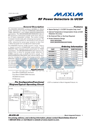 MAX2205EBS datasheet - RF Power Detectors in UCSP