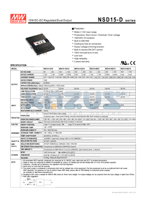 NSD15-12D15 datasheet - 15W DC-DC Regulated Dual Output