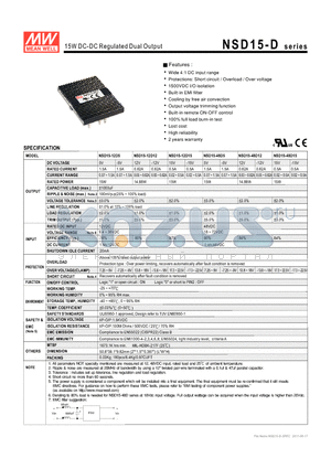 NSD15-48D12 datasheet - 15W DC-DC Regulated Dual Output