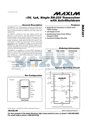 MAX221EUE datasheet - 5V, 1uA, Single RS-232 Transceiver with AutoShutdown
