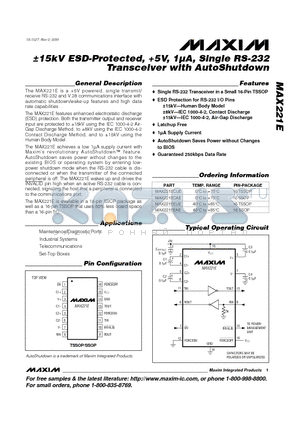MAX221E datasheet - a15kV ESD-Protected, 5V, 1uA, Single RS-232 Transceiver with AutoShutdown