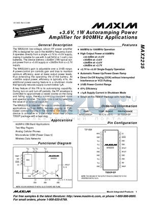 MAX2235 datasheet - 3.6V, 1W Autoramping Power Amplifier for 900MHz Applications