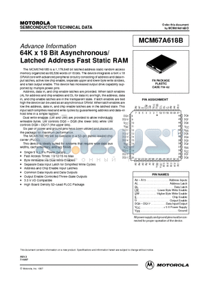 MCM67A618BFN15 datasheet - 64K x 18 Bit Asynchronous/ Latched Address Fast Static RAM