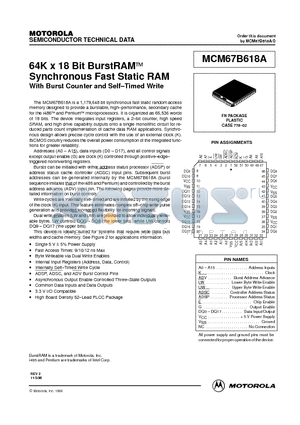 MCM67B618A datasheet - 64K x 18 Bit BurstRAM Synchronous Fast Static RAM