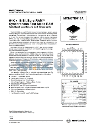 MCM67B618AFN10 datasheet - 64K x 18 Bit BurstRAM Synchronous Fast Static RAM