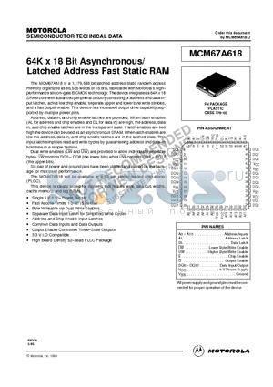 MCM67A618FN10 datasheet - 64K x 18 Bit Asychronous/Latched Address Fast Static RAM