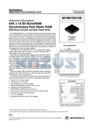 MCM67B618BFN9 datasheet - 64K x 18 Bit BurstRAM Synchronous Fast Static RAM With Burst Counter and Self-Timed Write