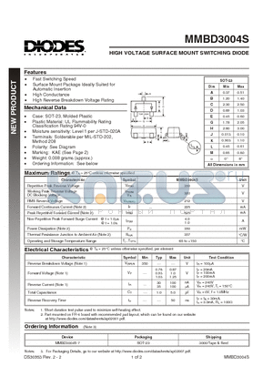 MMBD3004S datasheet - HIGH VOLTAGE SURFACE MOUNT SWITCHING DIODE