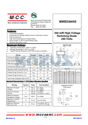 MMBD3004S datasheet - 350 mW High Voltage Switching Diode 240 Volts