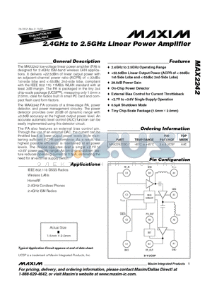 MAX2242 datasheet - 2.4GHz to 2.5GHz Linear Power Amplifier