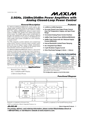 MAX2244EBL-T datasheet - 2.5GHz, 22dBm/20dBm Power Amplifiers with Analog Closed-Loop Power Control