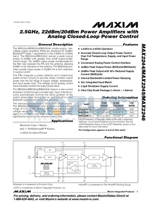 MAX2245EBL-T datasheet - 2.5GHz, 22dBm/20dBm Power Amplifiers with Analog Closed-Loop Power Control