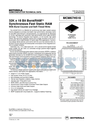 MCM67H518FN9 datasheet - 32K x 18 Bit BurstRAM Synchronous Fast Static RAM