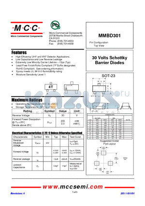 MMBD301 datasheet - 30 Volts Schottky Barrier Diodes
