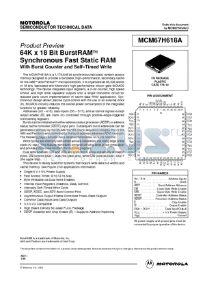 MCM67H618AFN10 datasheet - 64K x 18 Bit BurstRAM Synchronous Fast Static RAM