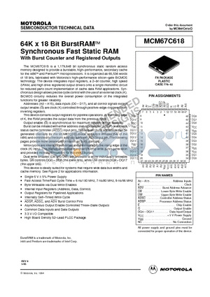 MCM67C618FN6 datasheet - 64K x 18 Bit BurstRAM Synchronous Fast Static RAM