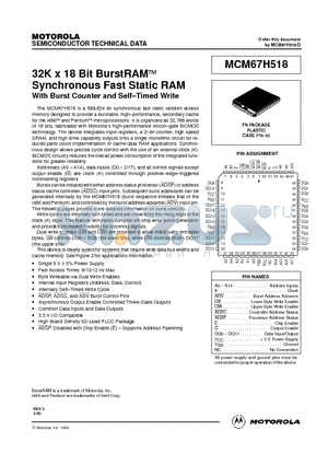 MCM67H518 datasheet - 32K x 18 Bit BurstRAM Synchronous Fast Static RAM