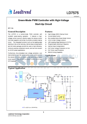 LD7575 datasheet - Green-Mode PWM Controller with High-Voltage Start-Up Circuit