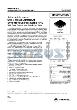 MCM67M618B datasheet - 64K x 18 Bit BurstRAM Synchronous Fast Static RAM