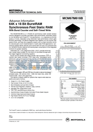 MCM67M618BFN9 datasheet - 64K x 18 Bit BurstRAM Synchronous Fast Static RAM