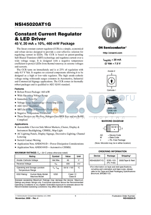 NSI45020AT1G datasheet - Constant Current Regulator & LED Driver 45 V, 20 mA  10%, 460 mW Package