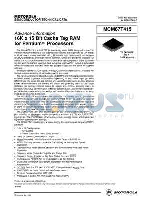 MCM67T415 datasheet - 16K x 15 Bit Cache Tag RAM for Pentium Processors